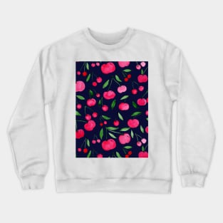 Watercolor cherries pattern - red, green on dark blue Crewneck Sweatshirt